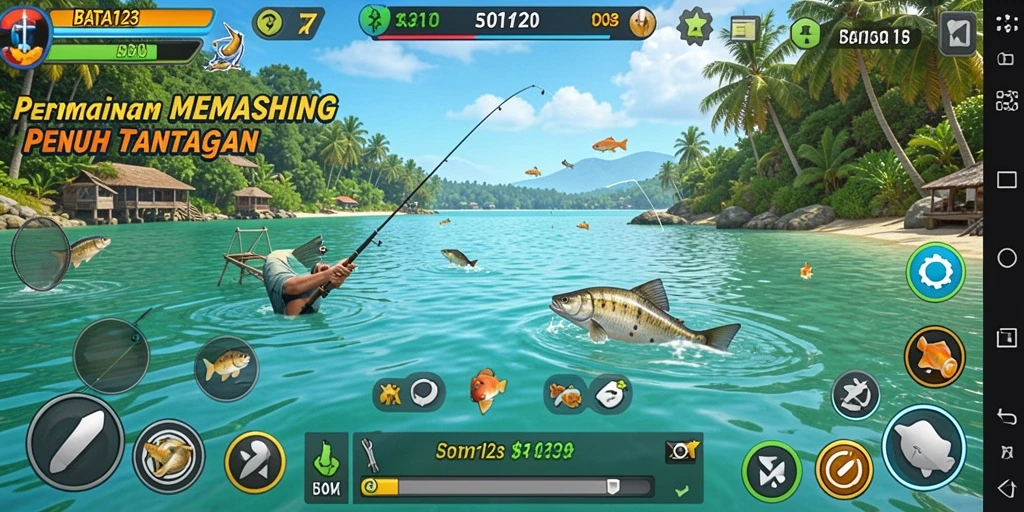Screenshot BATA123 menampilkan pemain yang sedang memancing di danau yang indah.