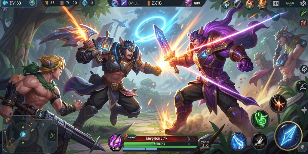 Screenshot gameplay <strong>DV188</strong> menampilkan aksi pertempuran MOBA yang seru.