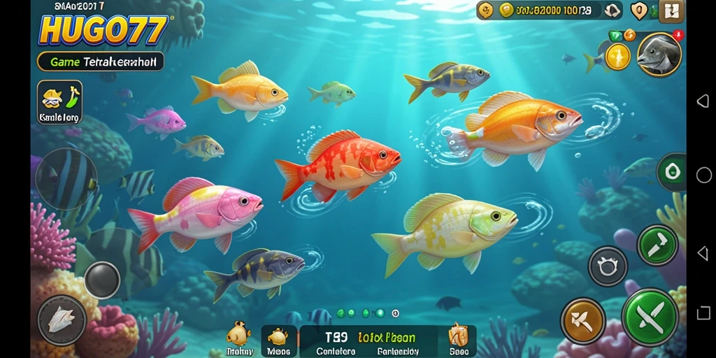 Screenshot HUGO77 menunjukkan aksi seru dalam menembak ikan.