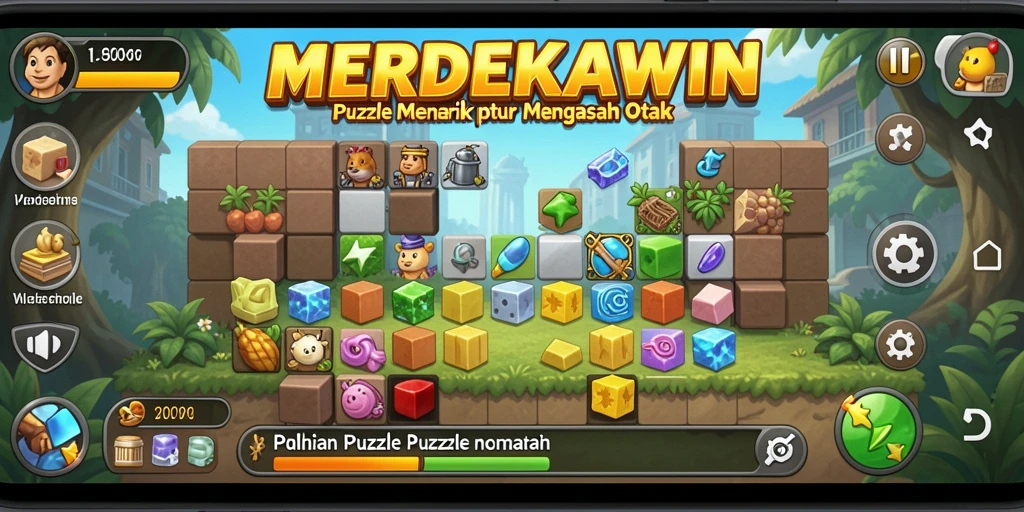 Screenshot gameplay MERDEKAWIN menampilkan tantangan puzzle yang seru.