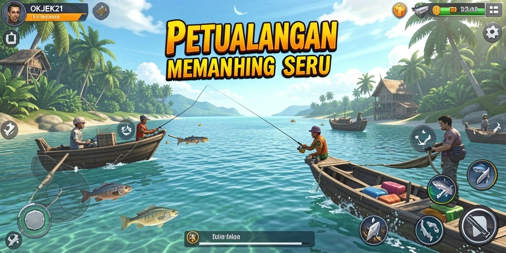 Gameplay seru di OKJEK21 saat menangkap ikan.