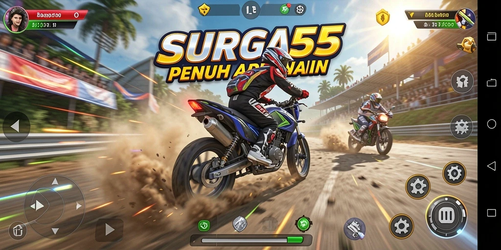 Gameplay seru SURGA55 dengan motor balap yang menantang.