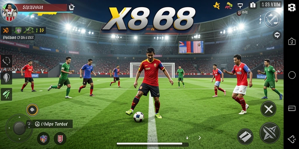 Tangkapan layar gameplay X88 yang menegangkan saat pertandingan sepak bola.